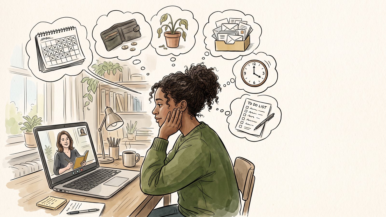 A woman on a video call with her coach, thought bubbles above her holding a calendar, a wallet, a wilting plant, an inbox, a clock, and a to-do list
