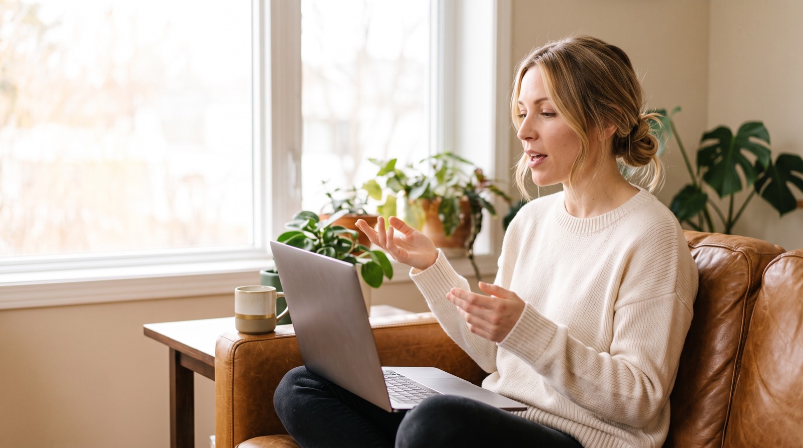 A prospective client answering intake questions by voice from home, before a sales call.
