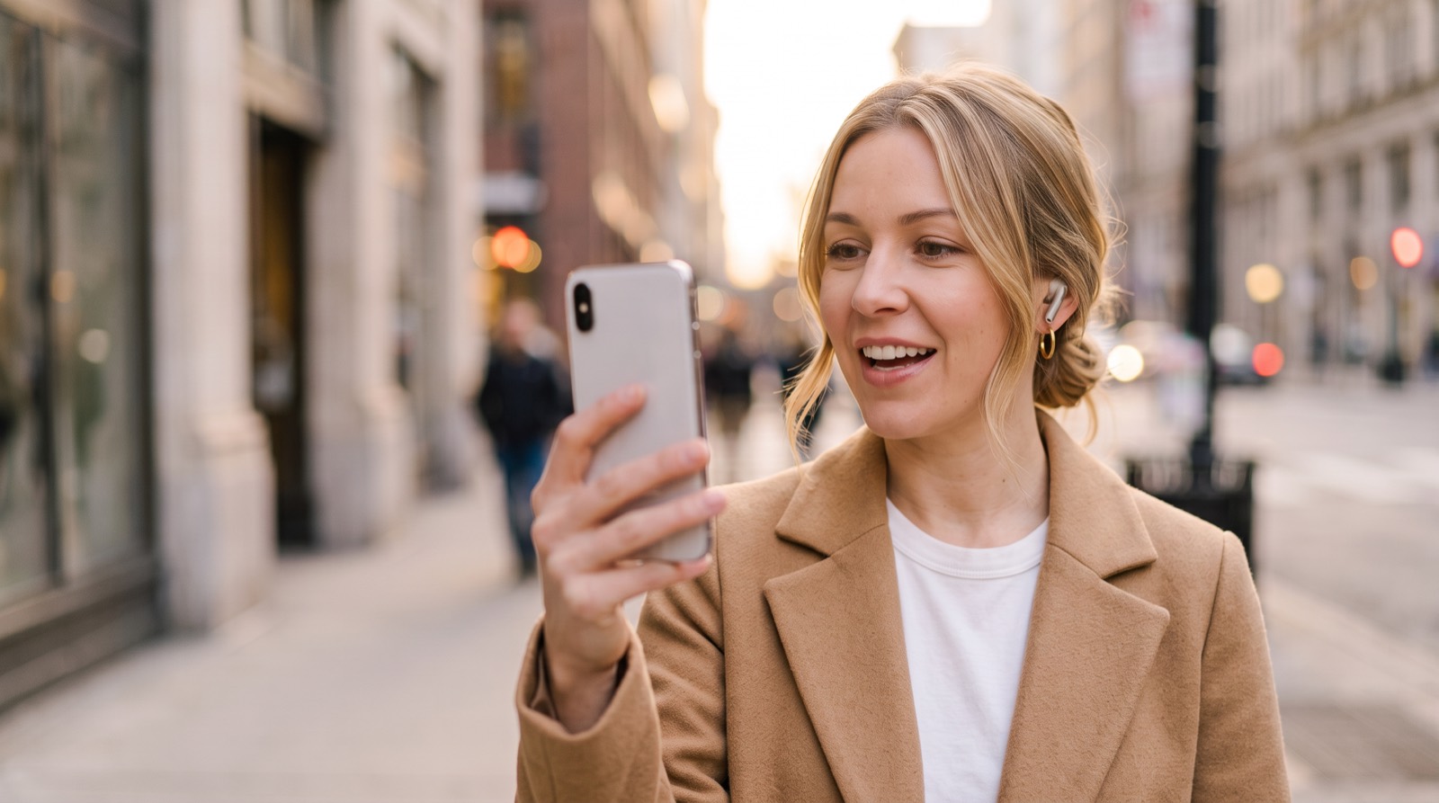 A client recording a voice testimonial on her phone while out walking.